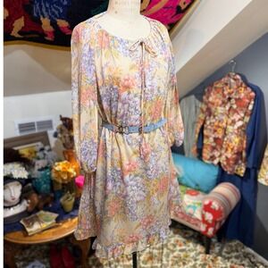 Vintage 1970s Ms Sugar Floral Mini Dress Ruffle Tie Neck - L